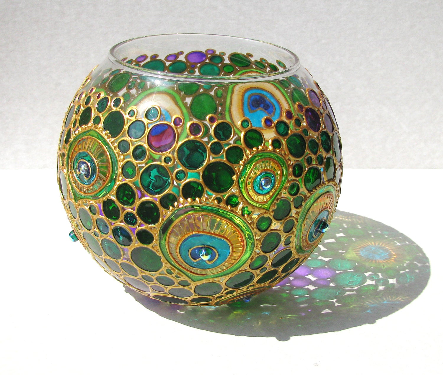 Peacock feather Painted Sphere Glass Vase Candle by ArtMasha