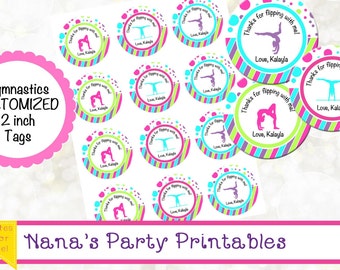 Gymnastics Party Printables - 2 Inch Round Gymnastics Labels - YOU PRINT - CUSTOM Text - Gymnastics Cupcake Toppers - Thank You