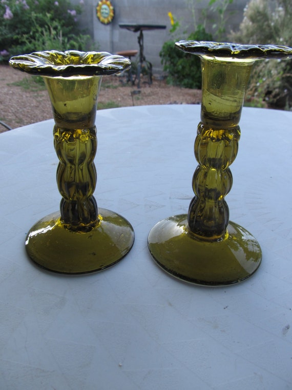 Vintage Mexican Blown Glass Floral Candle Holders
