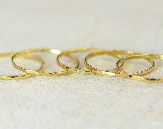Set of 15 Super Thin 14k Gold Stackable Rings, 14k Gold Filled, Stacking Rings, Simple Gold Ring, Hammered Gold Rings, Dainty Gold Ring