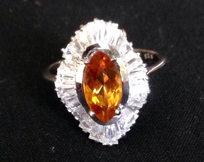 Storewide 25% Off SALE Sterling Silver Designer Ladies Cocktail Ring With Striking Citrine Starburst Design and Clear Gemstone Accented Trim