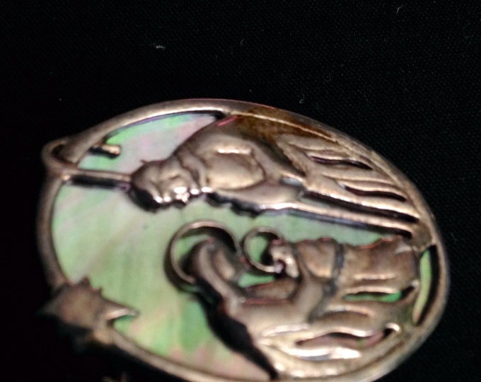Storewide 25% Off SALE Vintage Sterling Silver Abalone Religious Oval Shaped Designer Pendant Featuring Detailed Mary & Joseph Jesus Mangier