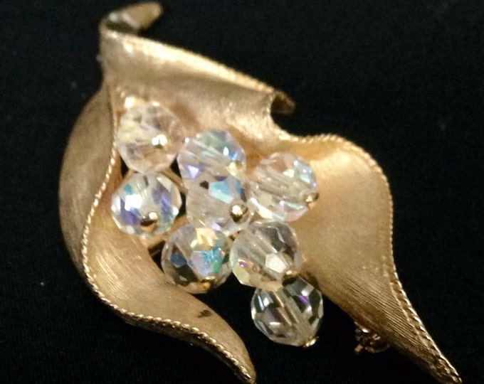 Storewide 25% Off SALE Vintage Gold Tone Lily Of The Valley Emmons Designer Signed Cocktail Brooch Featuring Textured Design & Clear Beaded