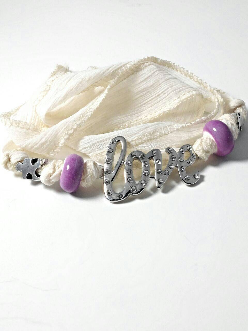 thumbnail image 2 of Autism Awareness Charm Bracelet – Puzzle Ribbon Charm With European Lampwork Beads, Silver Plated By Xanadu Designs 2 of 5