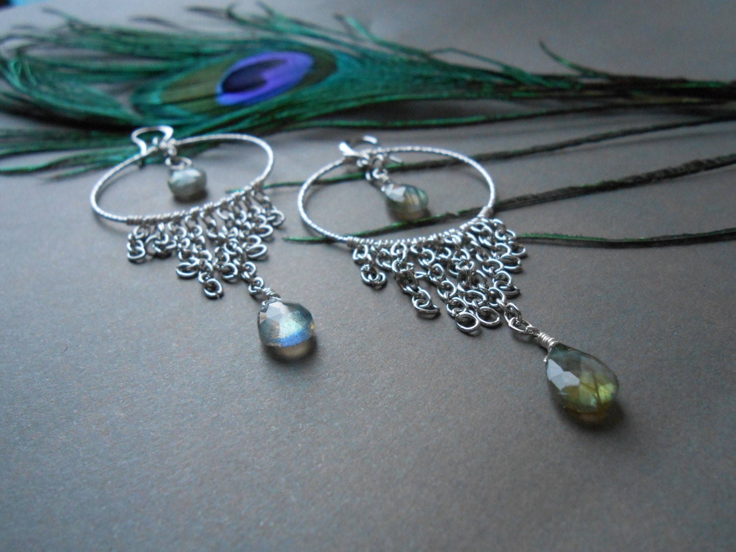 Labradorite large hoop earrings Long chandelier earrings