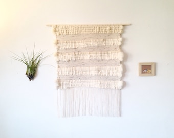 Extra large woven wall hanging, weaving, Roving, wool, on light wood dowel. Wall tapestry. Big wall hanging. Item #14