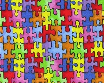 AUTISM AWARENESS Fabric Bright Rainbow Puzzle Piece Fabric Red Orange Yellow Blue 100% Cotton Quilting Apparel Fabric t2/21
