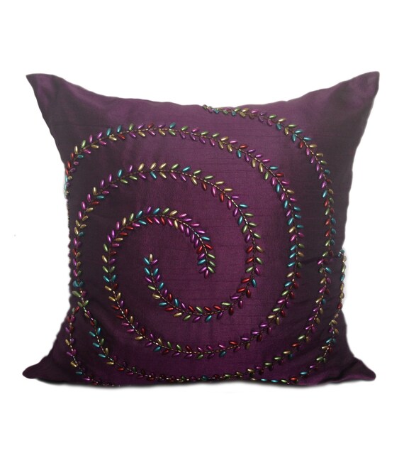 Deep Purple Decorative Pillow Cover Beaded With Metallic Look