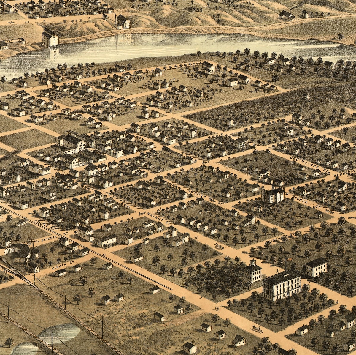 1868 Map of Des Moines Iowa Old Maps and Prints Vintage Art Print Antique Birds Eye City