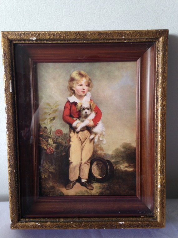 Vintage print of a boy and his dog in a shadow box frame