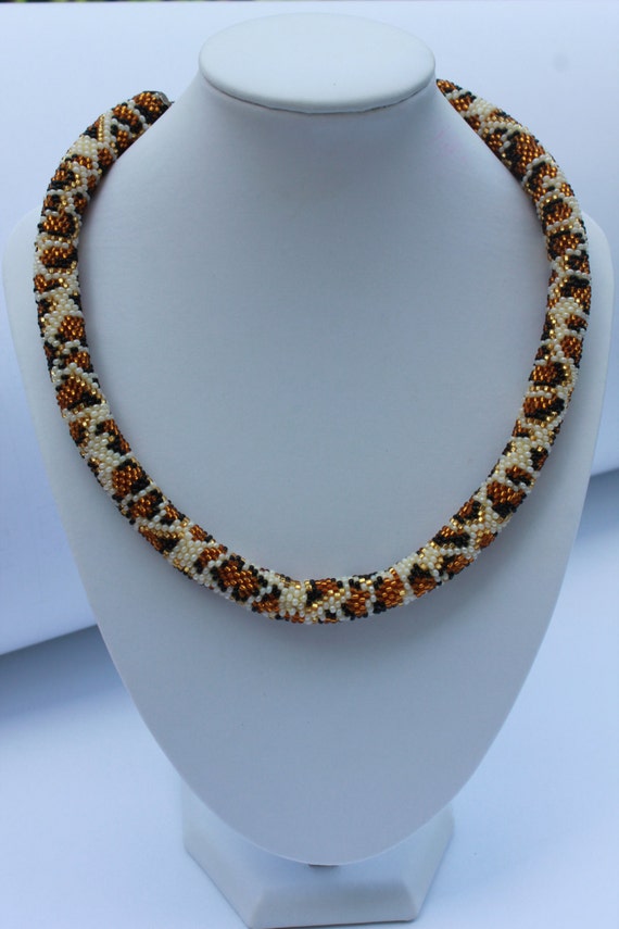 Leopard Print, Leopard Jewelry Set, Bead crochet Necklace, Bead Crochet