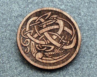 Celtic SINGLE CRANE brooch pin, laser engraved wood, NEW #106