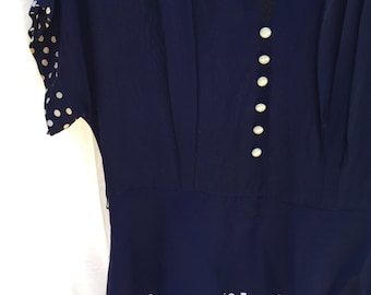1940's Navy Rayon Peplum Dress LARGE