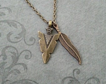 Arrowhead Necklace Bronze Arrowhead Jewelry Brass Feather Necklace Hunting Jewelry Hunter Necklace Native American Jewelry Bohemian Jewelry
