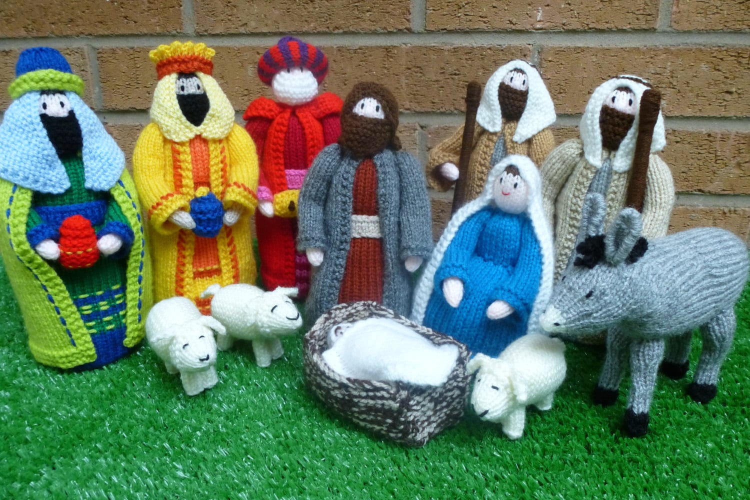 Hand knitted nativity set including donkey Christmas scene