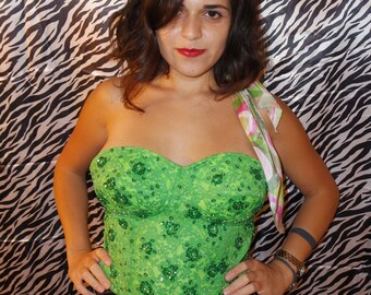 Poison Ivy Mermaid Fairy Green Sequin Bustier Corset Crop Tube top costume