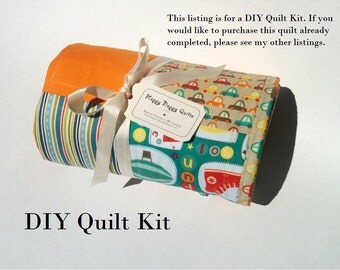 DIY Modern Baby Quilt Kit - Complete Patchwork Quilt Kit - Robots Quilt, Cars Quilt, Baby Boy Quilt Kit - Minky or Flannel Cotton Back