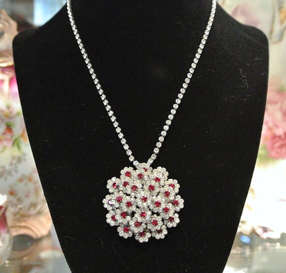 Pave Crystal 1940s Antique Rhinestone Necklace Antique Paste Glass Ruby Red Pave White Diamond Old Hollywood Wedding Bride Bridal Jewelry