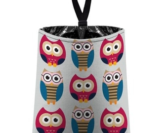 Car Trash Bag // Auto Trash Bag // Car Accessories // Car Litter Bag // Car Garbage Bag - Owls - Light Grey Pink Blue // Car Organizer