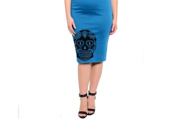 Sugar Skull Skirt Womens Plus Size Clothing 2XL Pin up Cute Skulls Pencil Skirts screen printed Retro dress 3XL