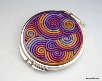 Compact Pocket Mirror in Purple, Gold, Silver Polymer Clay Filigree