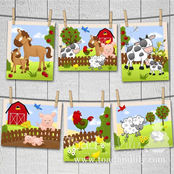 Set of 6 Farm Animal Baby Nursery Childrens Bedroom Wall 8x10