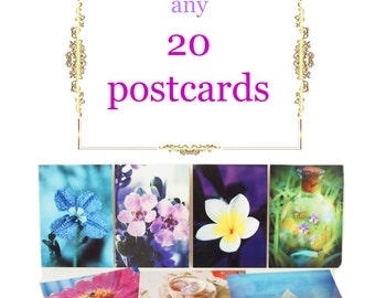 postcard set, value bundle your choice any 20 postcards, mix and match postcards, bulk flat notecards