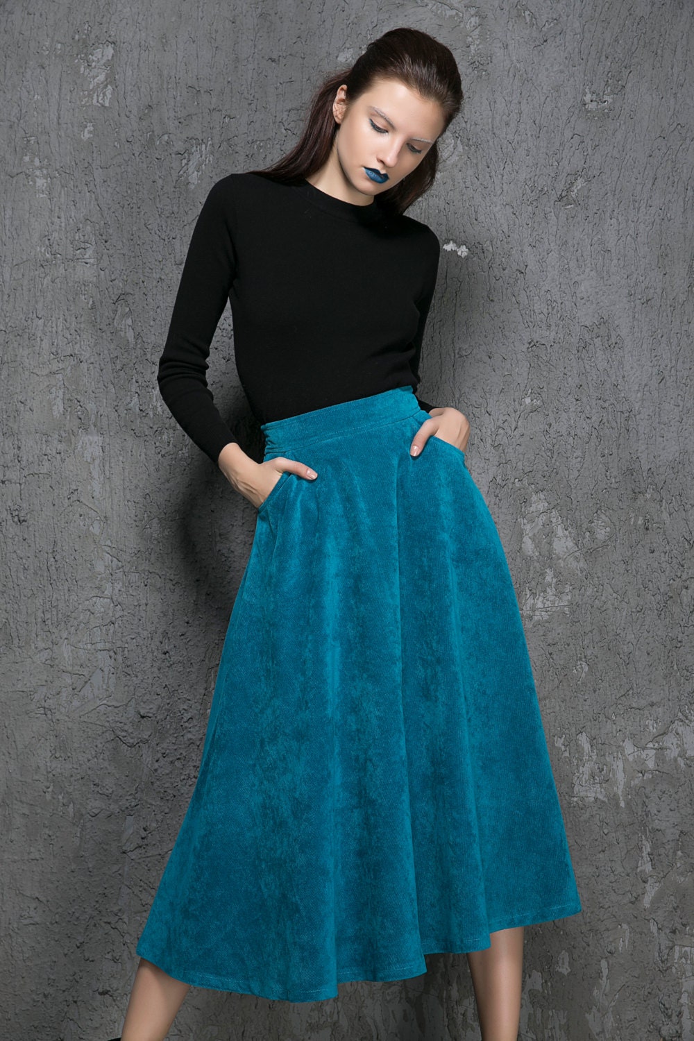 blue skirt corduroy skirt fall skirt long skirt A line