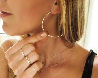 Gold Hoop Earrings - Thin Gold Hoops - Hammered Gold Fill or Sterling Silver Hoops - 2" Large Hoops - Rose Gold Hoops - Straight Through