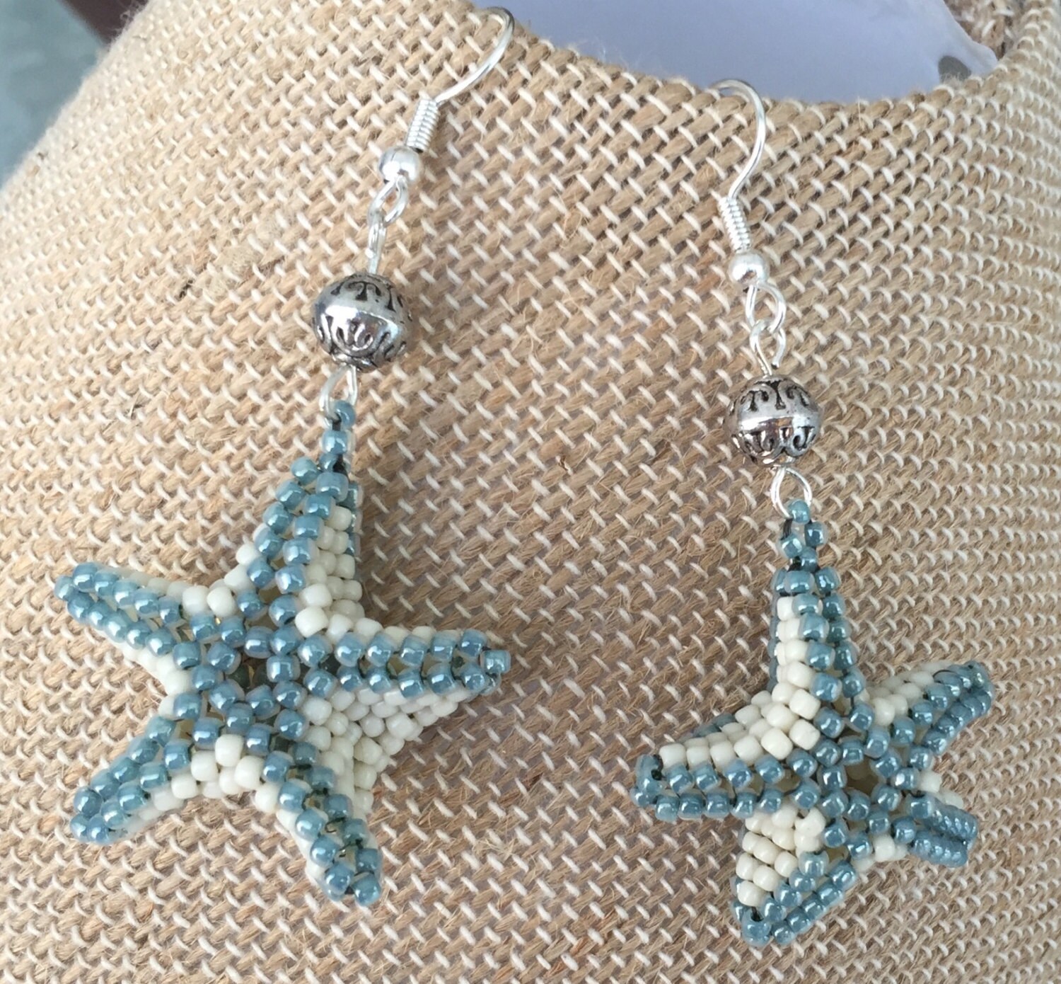 Handmade Beaded Starfish Earrings in Cream and Baby Blue