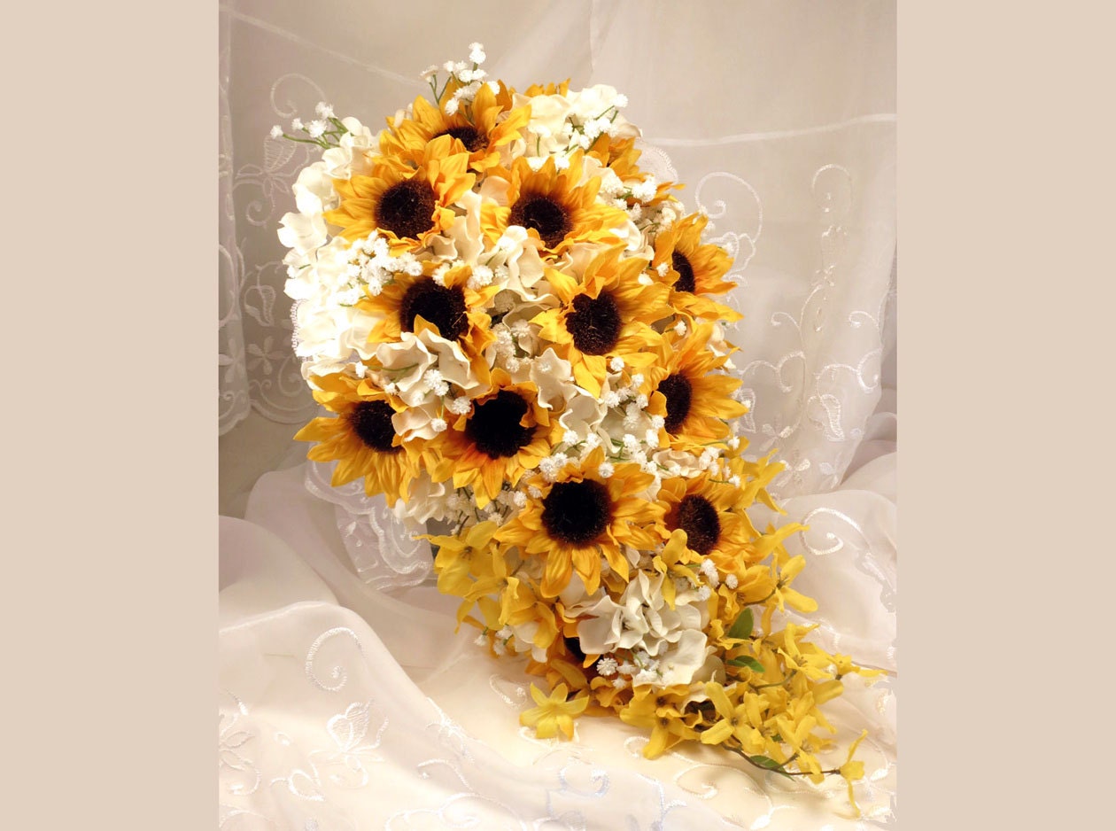 Sunflower Baby's Breath Cascading Bouquet Made to Order