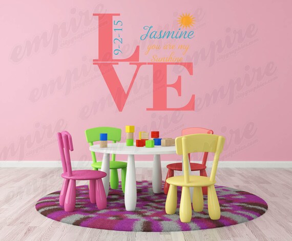 You are my sunshine decals, LOVE word, birth announcement, personalized name decals, girls nursery decals, girl decals, bunny decals,