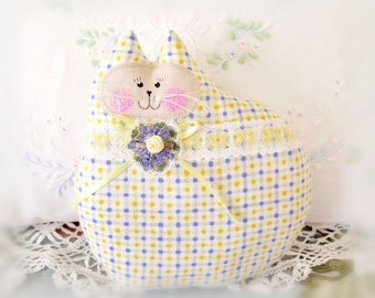 Cat Pillow Doll Cloth Doll 7 inch Cat, Yellow Lavender Blue Print Fabric,Kitty Pillow Handmade CharlotteStyle Decorative Folk Art TeamHAHA