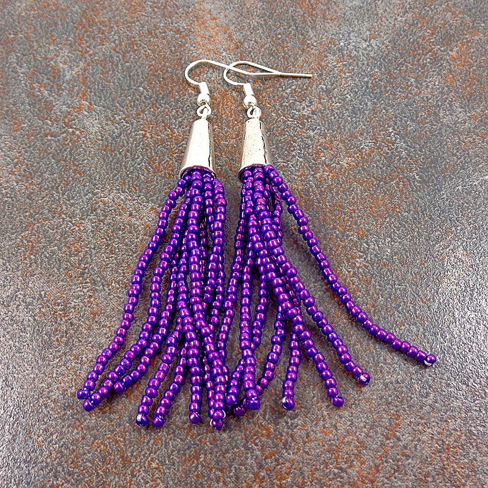 Beaded Tassel Earrings Purple Tassel Earrings Fringe 