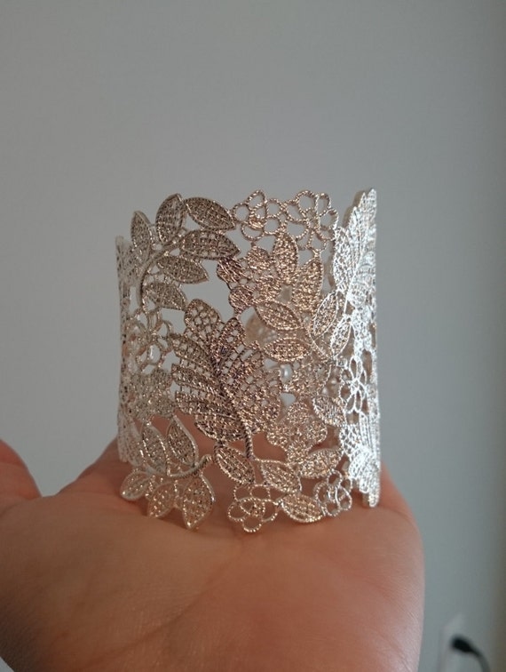 Silver Lace Bridal Cuff Lace Floral Bridal by CarolinaBluDesigns
