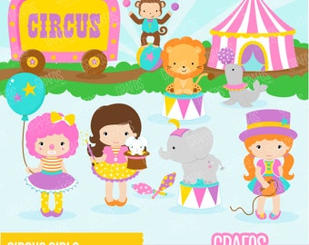 CIRCUS GIRLS - Digital Clipart Set, Circus Clipart, Clowns Clipart, Animals Clipart.