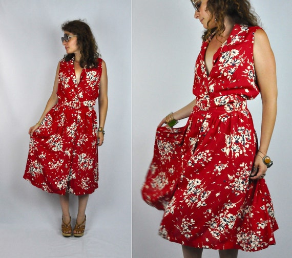 Vintage RED Floral Dress Pleated Button Down with POCKETS 70s