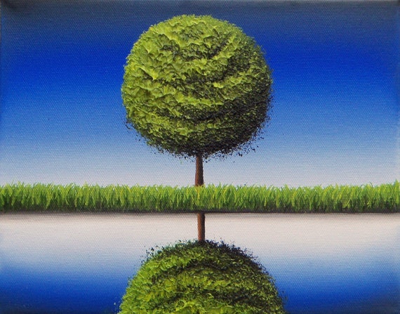 Modern Landscape Art Print, Green Tree Wall Art, Blue Sky Christian Art, Giclee Print of Tree Reflection, Gift Idea, Simple Minimalist Art