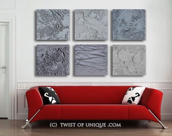 Extra large Concrete Abstract Painting / CUSTOM 6 set of paintings (20 Inch x 20 Inch) / AcryliCrete / Concrete gray, gray/ Twist of Unique