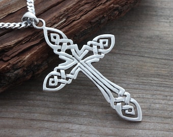 Large Mens Cross necklace, large sterling silver men cross necklace, Choose Chain, mens knot Cut Cross . Irish KNOTTED Cross.
