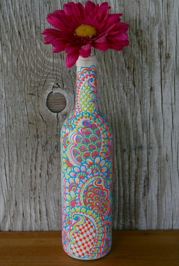 Henna insipred Intricate Hand Painted Wine bottle Vase, Ivory colored bottle with turquoise, orange and bright pink accents