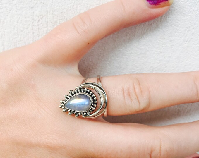 Rainbow Moonstone Ring, Boho Ring, Crescent Moon Ring, Gypsy Ring, Statement Rings, Solid 925 Sterling Silver Rings, Don Biu