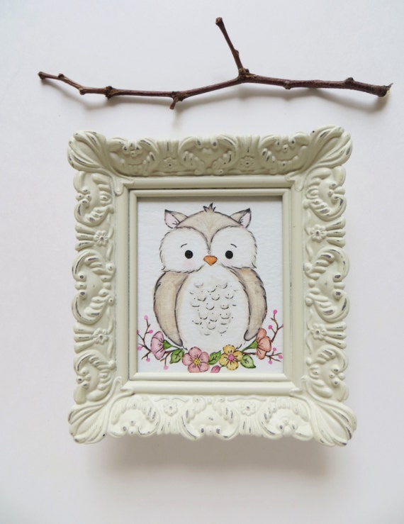 Watercolor painting mini framed art Boho owl animal by Waterblooms