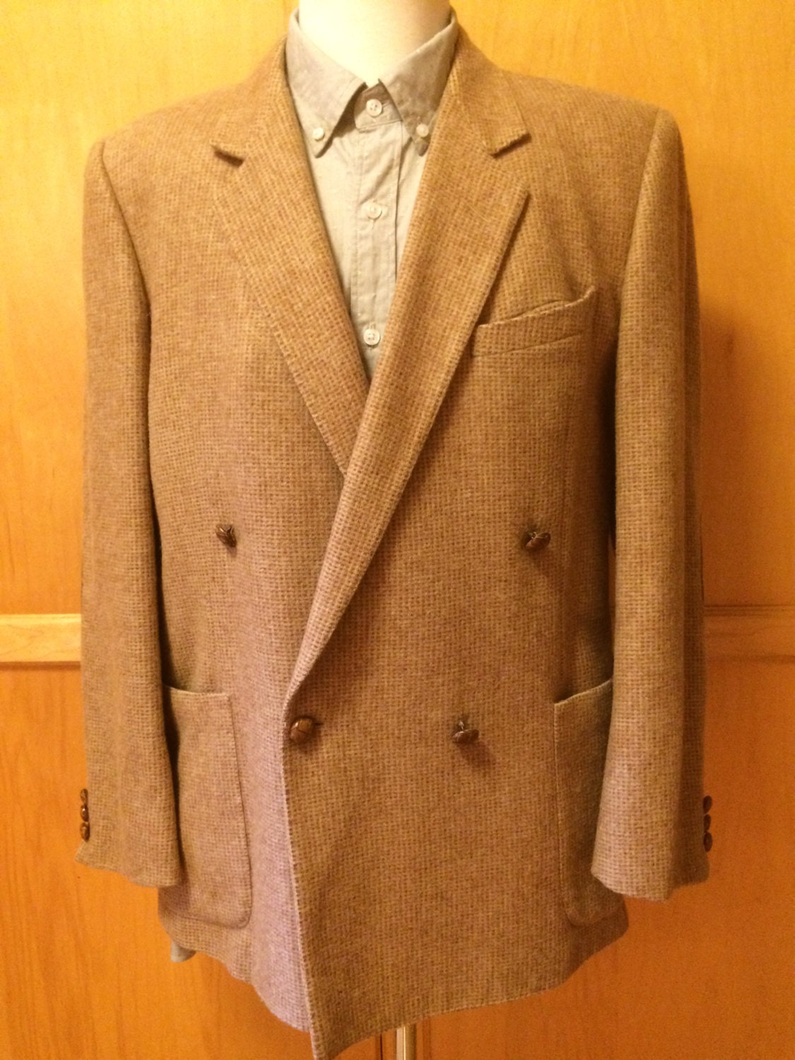 Handsome Tan Italian Wool Tweed Double Breasted Blazer c1950s Size 40/