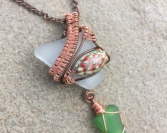 Copper beach glass wire wrapped necklace