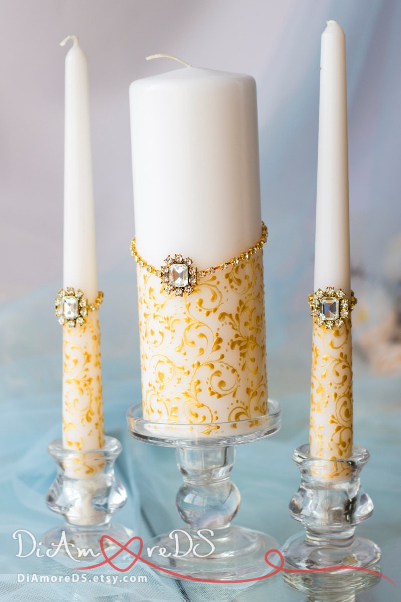 Crystal and gold painted handmade Wedding Unity Candle. Set