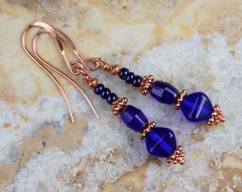 Unique Copper Earrings with Cobalt Blue Czech Glass Beads Long Blue Bohemian Earrings Elegant Boho Copper Dangles