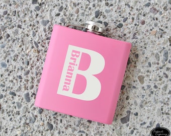 SHIPS FAST, Personalized Engraved Name Flask, Personalized Flask for Women, Bridesmaid Flask, Personalized Pink Monogram Flask for her