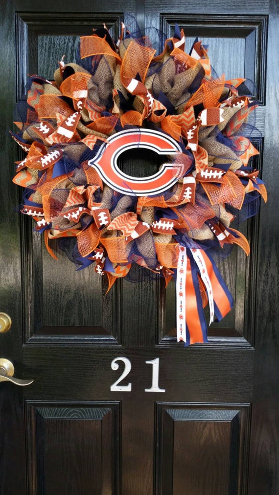 Large Elegant Burlap Chicago Bears NFL Pro Football Wreath Orange Blue Chevron Ribbon