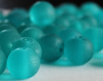 40 frosted glass beads, sea glass blue/ green color,10 mm, 1 mm hole, round and smooth, one strand of beads for making necklaces, bracelets,